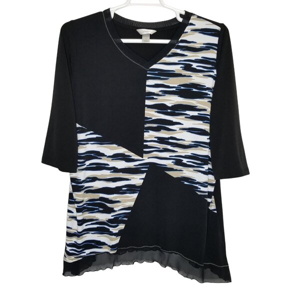 CJ Banks Sz 1X Shirt Artsy Fluid Jersey Stretch Sheer Ruffle Curved Hem Pullover - Picture 2 of 7